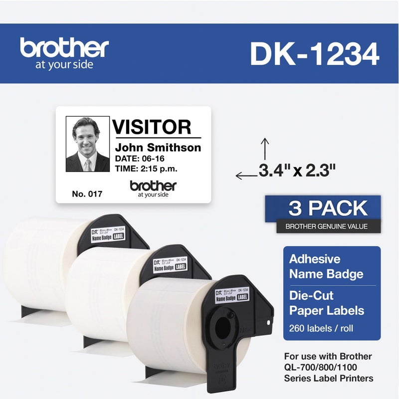 Brother Genuine DK-12343PK Die-Cut Name Badge Paper Labels, 2.3 in x 3.4 in (60 mm x 86 mm) Adhesive Name Badge White Paper Labels, 260 Labels per Roll, (3) Rolls per Box - Image 5